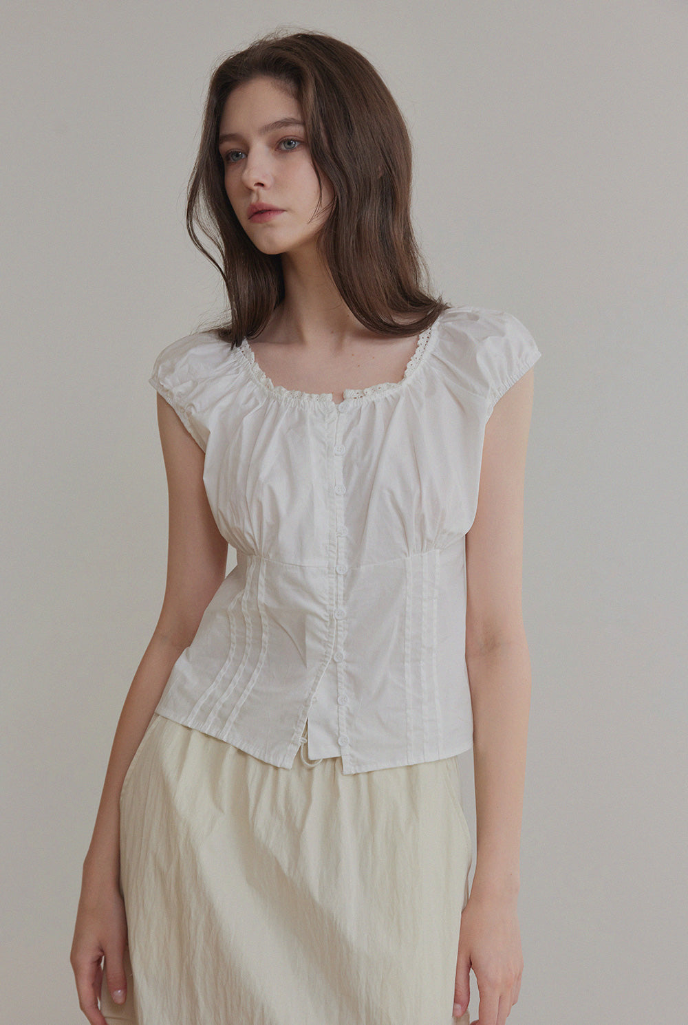 Slan Lace Pintuck Button Blouse