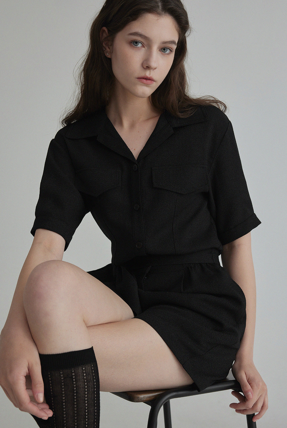 Rangde Tweed Collared Short-Sleeve Jumpsuit