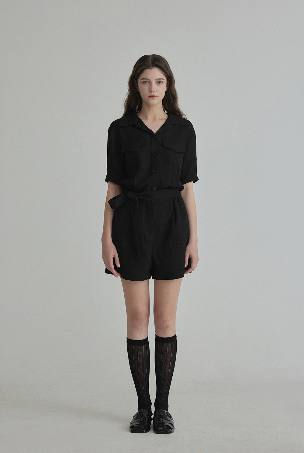 Rangde Tweed Collared Short-Sleeve Jumpsuit