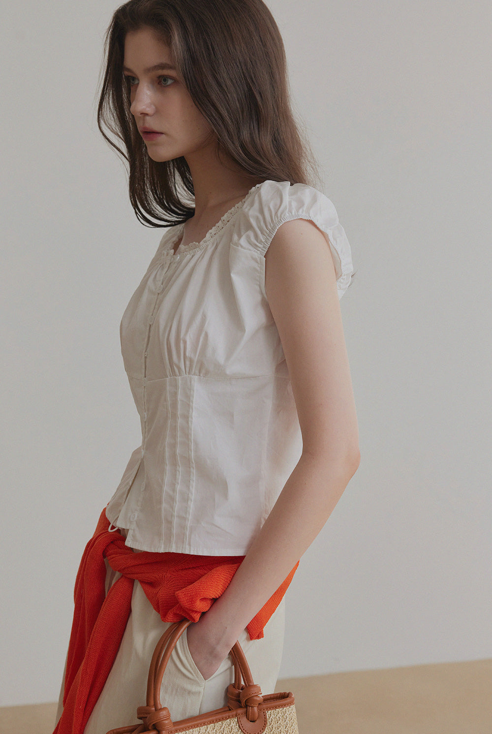 Slan Lace Pintuck Button Blouse