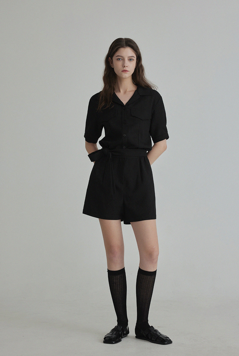 Rangde Tweed Collared Short-Sleeve Jumpsuit